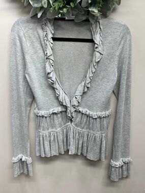 Boston Proper Gray Ruffled Long Sleeve Cardigan Sweater Peplum Style S